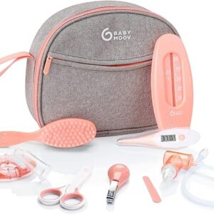 Babymoov Trousse de Soin Bébé - Dès la naissance - Grand Format - Kit Complet 9 Accessoires dont Brosse à Cheveux, Thermomètre digital, Thermomètre de bain, Coupe Ongles - Garantie à vie, Pêche