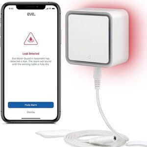Eve Water Guard - Détecteur de fuite d'eau pour maison connectée avec câble de détection de 2 m, sirène de 100 dB et alertes de fuite sur iPhone, iPad, Apple Watch (Apple HomeKit), Bluetooth, Thread