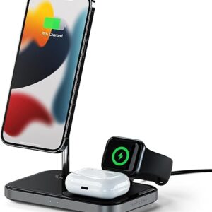 SATECHI Support de Chargement Sans Fil Magnétique 3-en-1 - Compatible avec iPhone 15 Pro Max/15 Pro/15/Plus/14 Pro Max/14 Pro/14/14 Plus, Apple Watch Ultra & Séries 8/7/Se/6/5/4/3/2/1, AirPods Pro 2/1