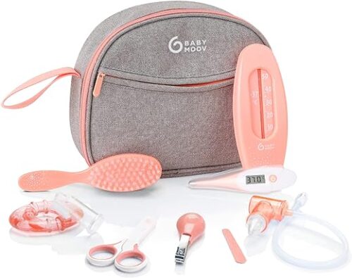 Babymoov Trousse de Soin Bébé – Dès la naissance – Grand Format – Kit Complet 9 Accessoires dont Brosse à Cheveux, Thermomètre digital, Thermomètre de bain, Coupe Ongles – Garantie à vie, Pêche
