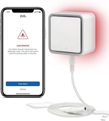 Eve Water Guard – Détecteur de fuite d’eau pour maison connectée avec câble de détection de 2 m, sirène de 100 dB et alertes de fuite sur iPhone, iPad, Apple Watch (Apple HomeKit), Bluetooth, Thread