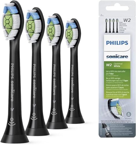 Philips Sonicare Lot de 4 têtes de brosses à dents électriques soniques W2 Optimal White pour des dents plus blanches, Noir (Modèle HX6064/11)