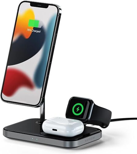 SATECHI Support de Chargement Sans Fil Magnétique 3-en-1 – Compatible avec iPhone 15 Pro Max/15 Pro/15/Plus/14 Pro Max/14 Pro/14/14 Plus, Apple Watch Ultra & Séries 8/7/Se/6/5/4/3/2/1, AirPods Pro 2/1