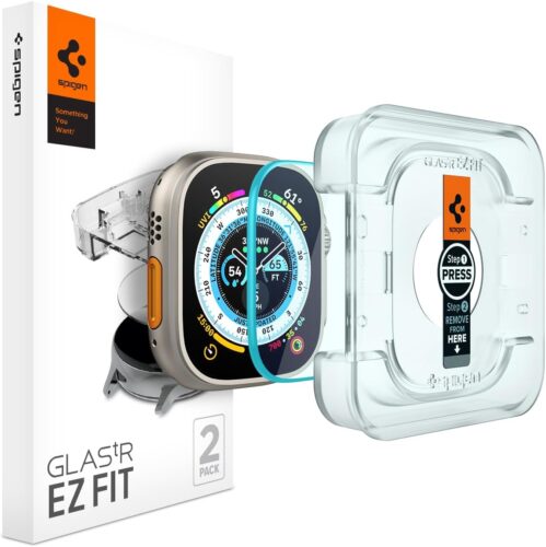 Spigen Glas.tR EZ Fit Protection écran pour Apple Watch Ultra 2, Apple Watch Ultra, 49mm, 2 Pièces, Kit d’installation, Résistant aux Rayures, Ultra Claire
